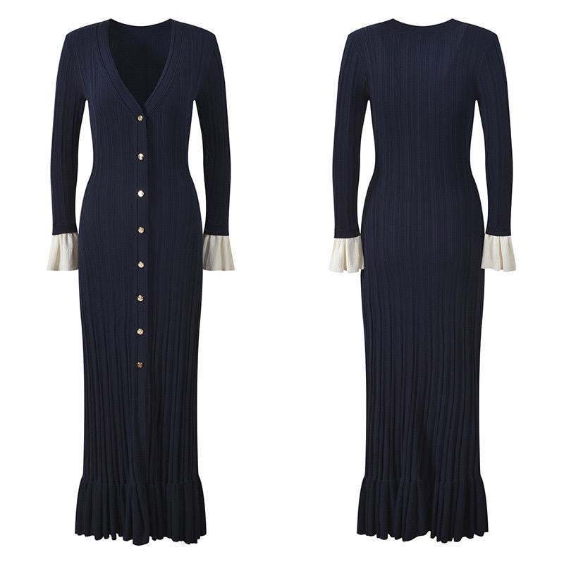 Navy Ribbed Maxi Dress with Gold Buttons and Pleated Cuffs