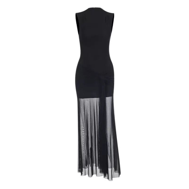 Black Sheer-Panel Maxi Dress with Draped Waist