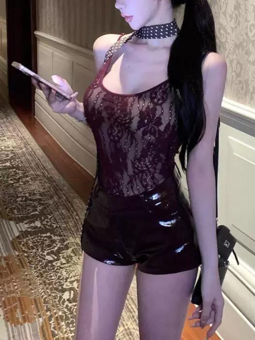 Wine Lace Bodysuit & Glossy Leather Shorts Set