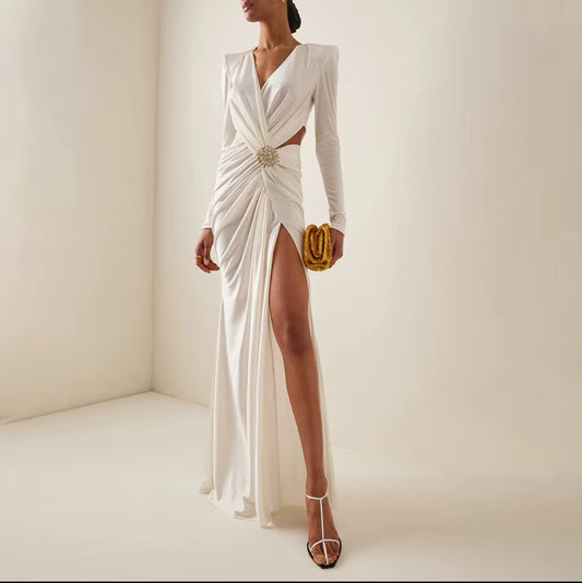 Draped Jeweled Waist Dress with High Slit