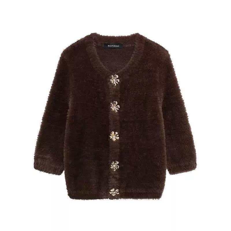 Brown Fuzzy Cardigan with Floral Crystal Buttons