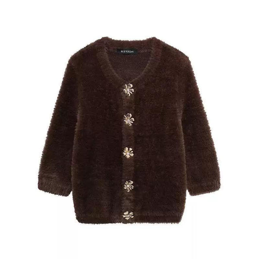 Brown Fuzzy Cardigan with Floral Crystal Buttons