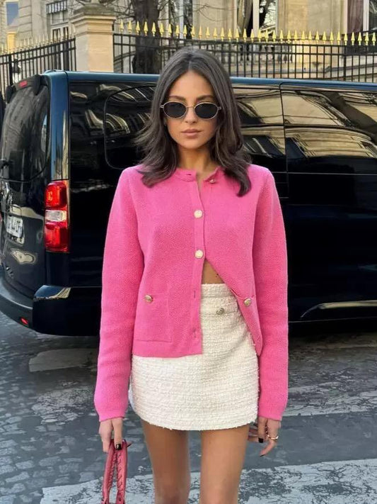 Paris Gold-Button Tweed Cardigan