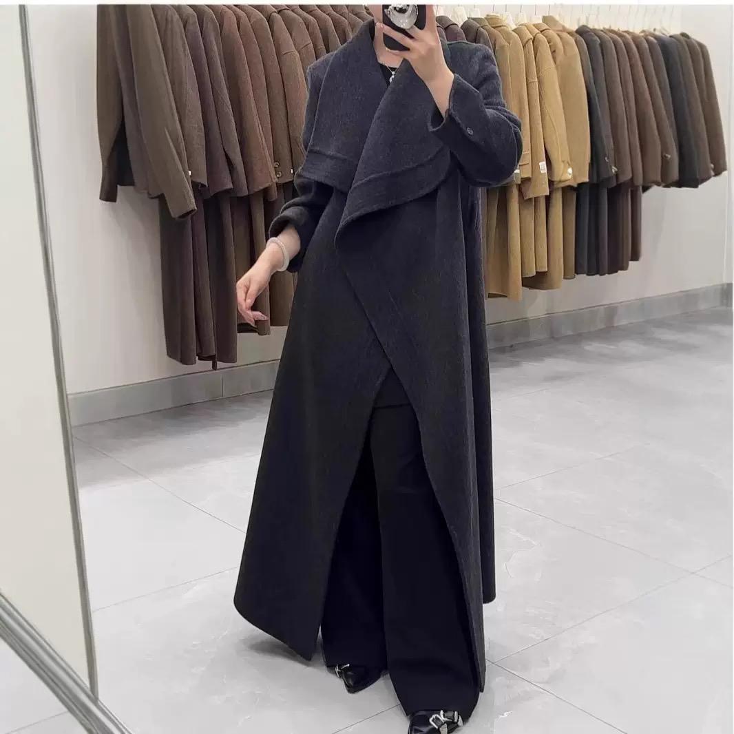 Long Wrap Wool Coat with Cascading Folded Collar