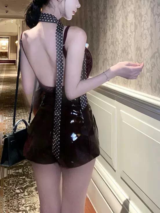 Wine Lace Bodysuit & Glossy Leather Shorts Set