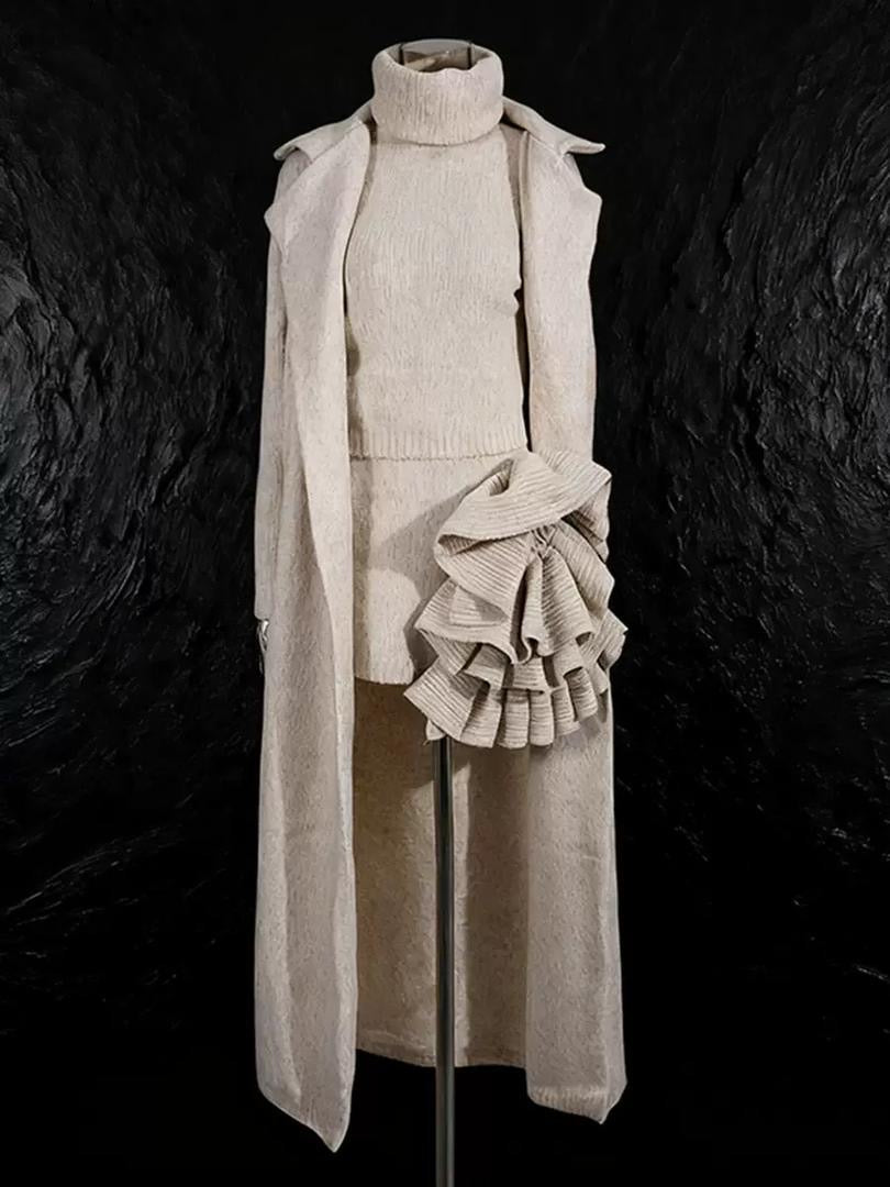 Cozy Bloom Knit Set – 3-Piece Turtleneck, Skirt & Coat