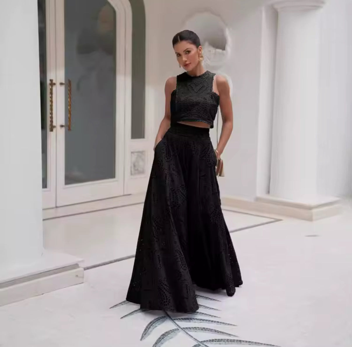 embroidered two-piece skirt set