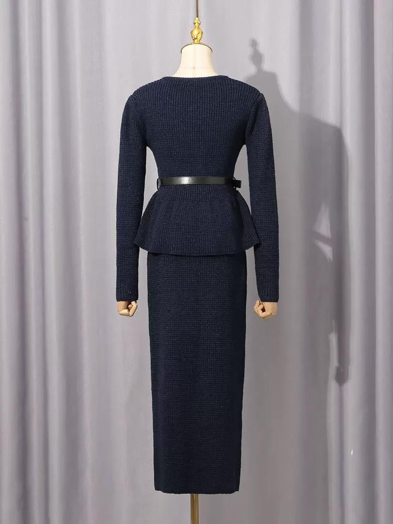 Textured Knit Peplum Cardigan & Fitted Maxi Skirt Set in Midnight Navy