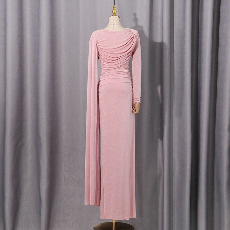 Ethereal Draped Silhouette Maxi Dress with Side Cascade and Gathered Detailing