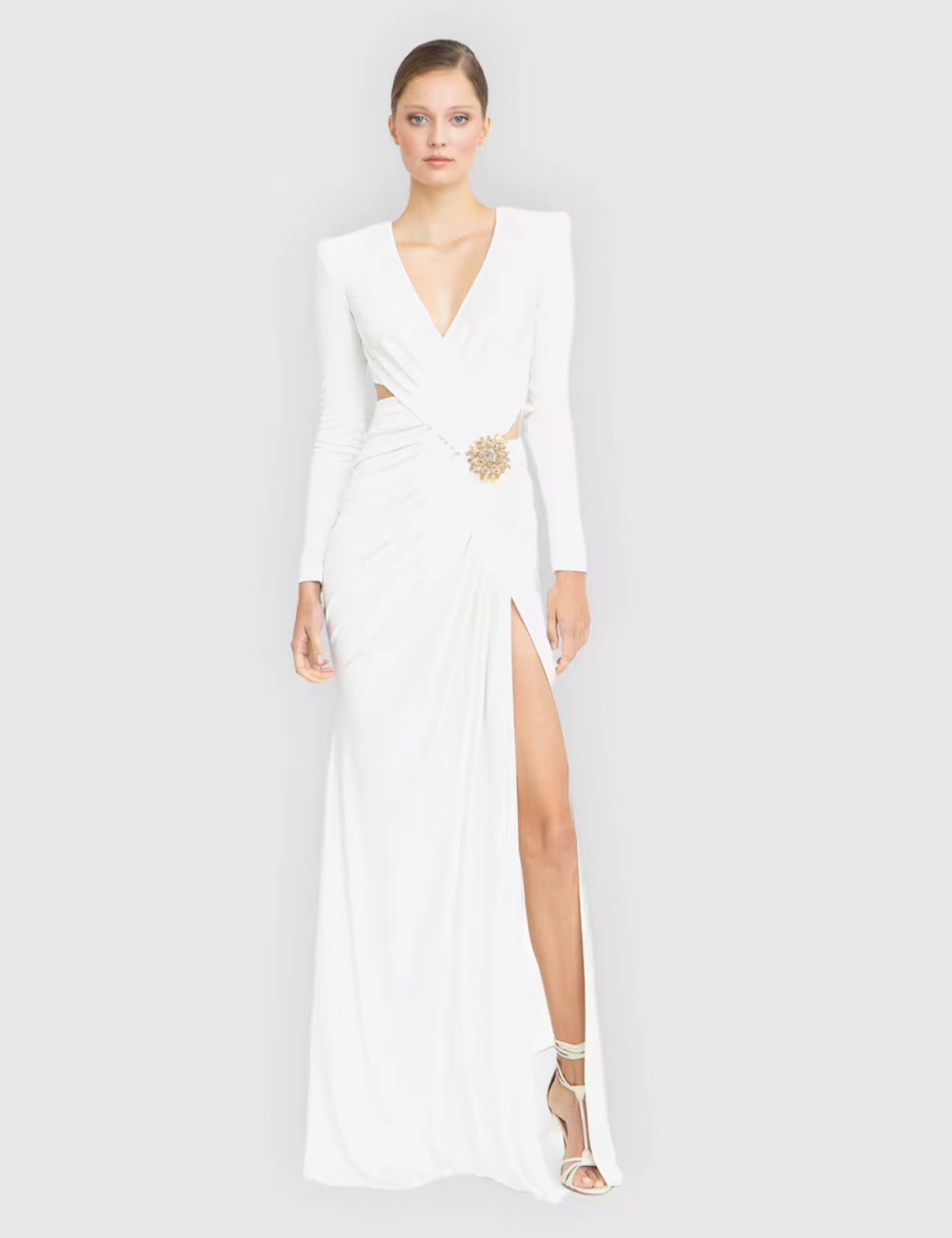 Draped Jeweled Waist Dress with High Slit