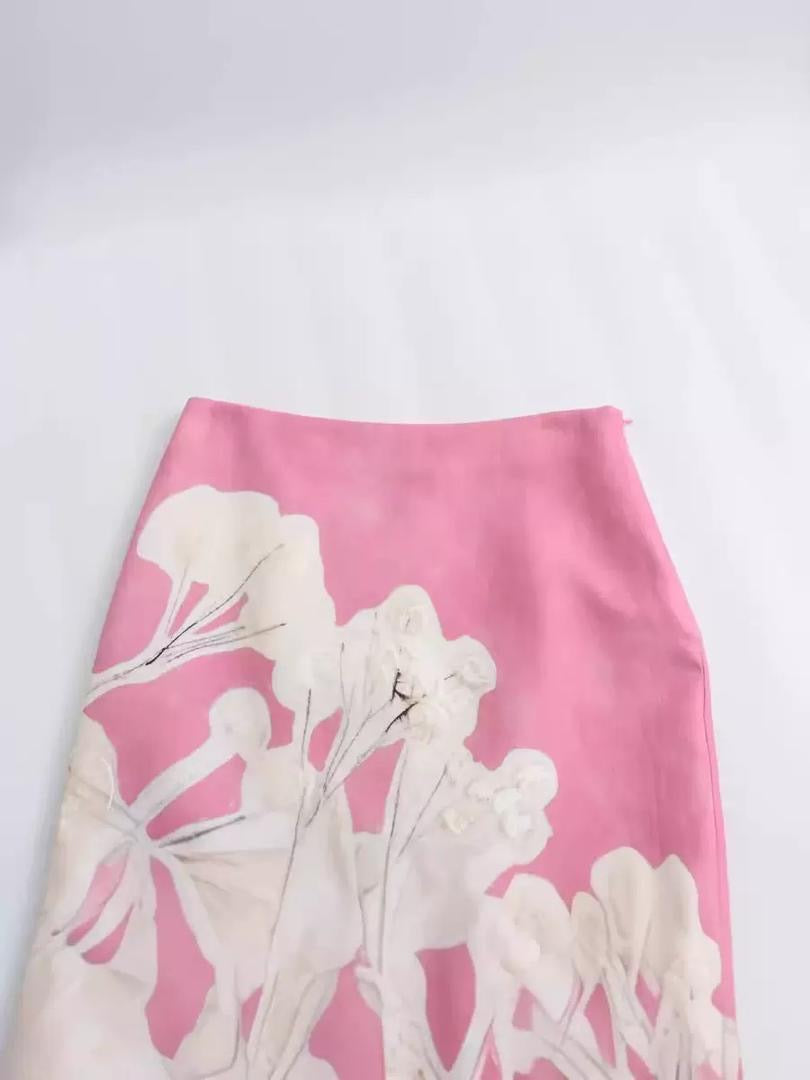 Blossom Print Satin Midi Skirt with Rust Hem