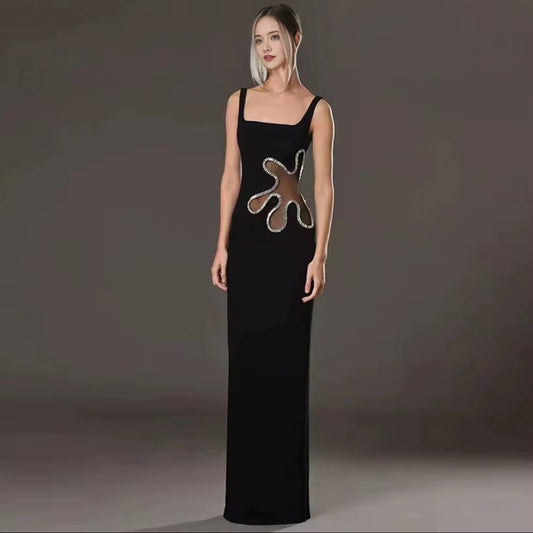 fitted maxi dress with crystal trim & sheer cut-out