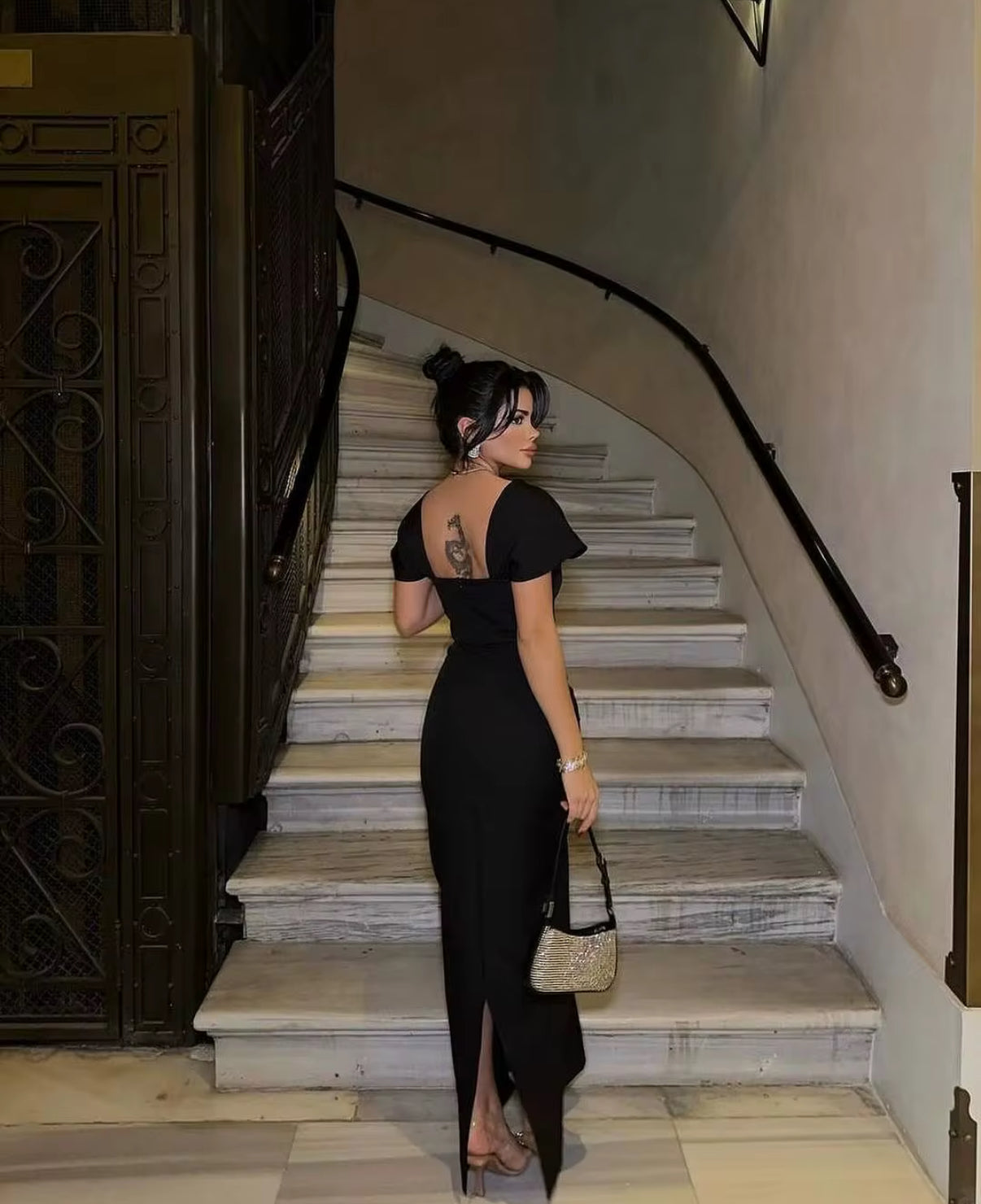 Elegant Evening Dress with Crystal-Embellished Square Neckline