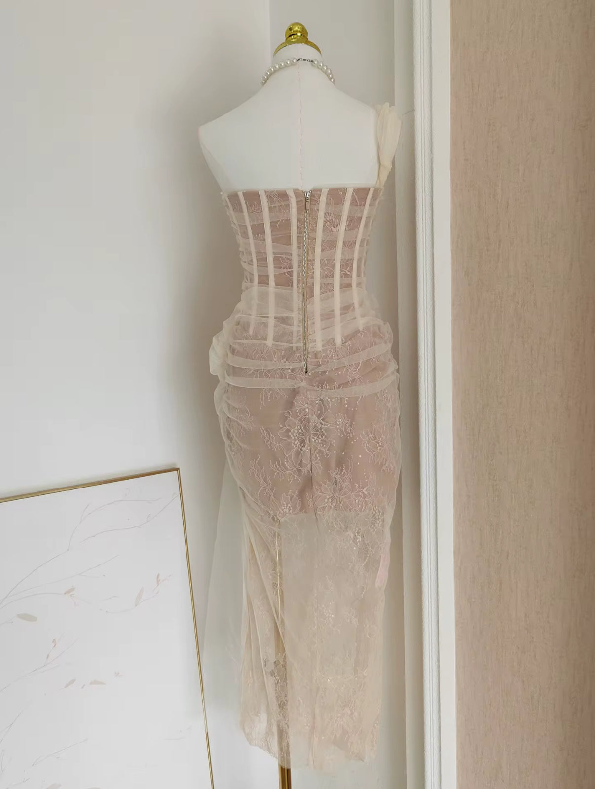 sheer mesh corset dress with draped overlay