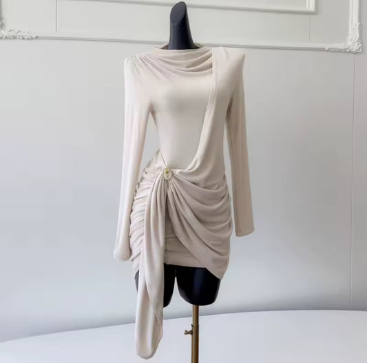 Long-Sleeve Draped Mini Dress with gold detail