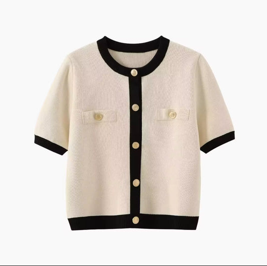 Short-Sleeve Knit Cardigan with Contrast Trim and Gold Buttons