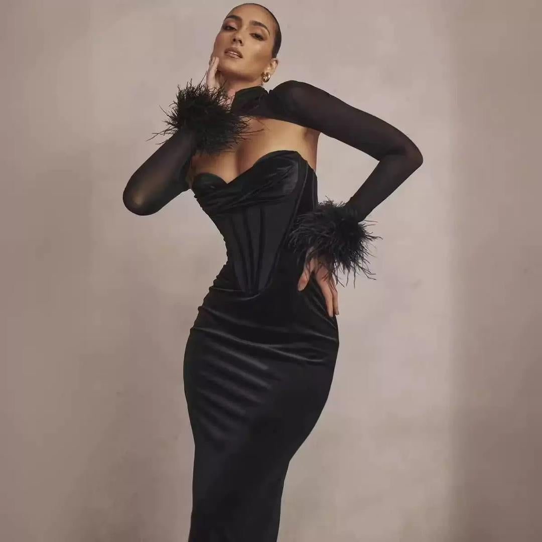 Velvet Corset Maxi Dress with Sheer Sleeves & Feather Cuffs
