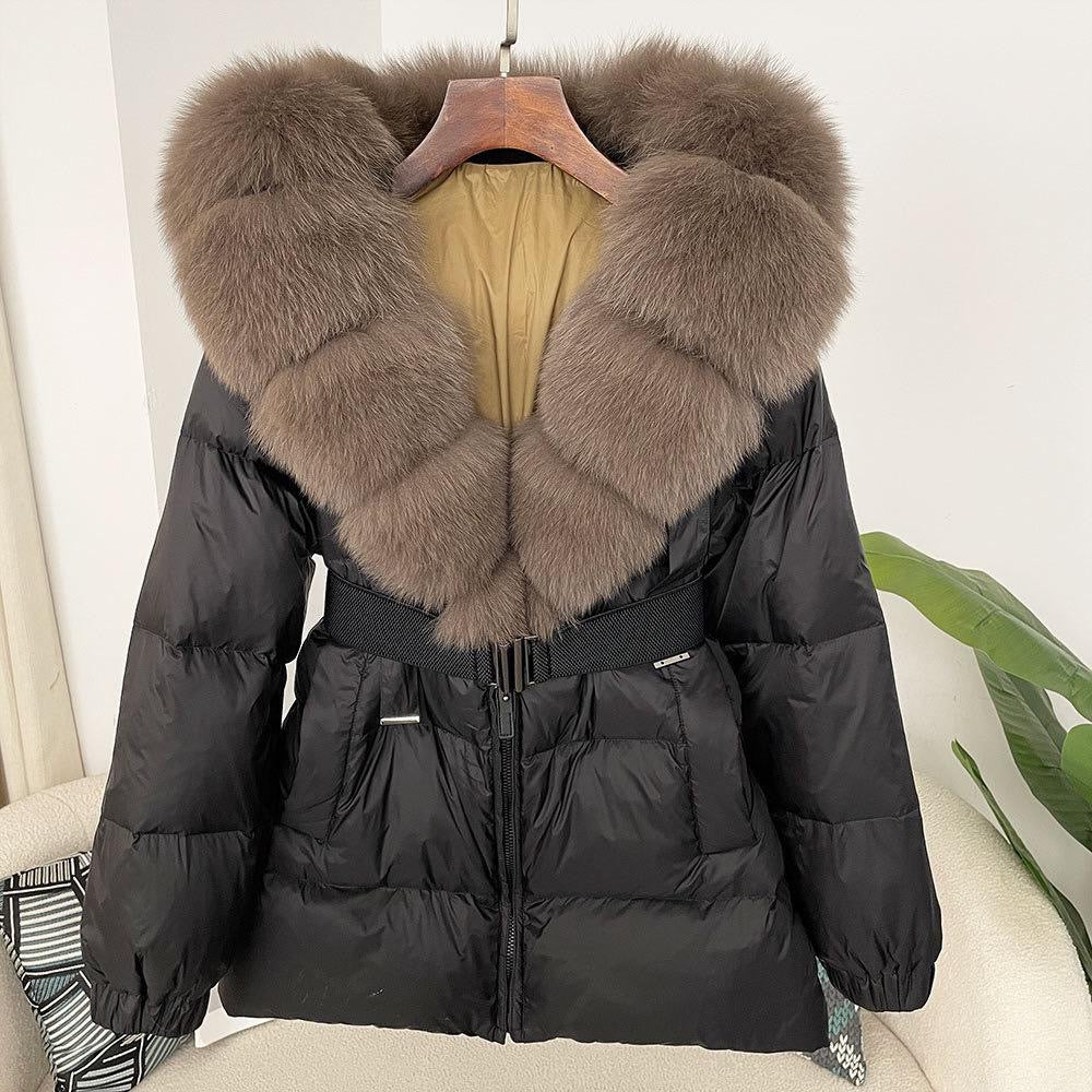 Fur-Collar Belted Puffer Jacket