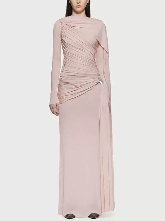 Ethereal Draped Silhouette Maxi Dress with Side Cascade and Gathered Detailing