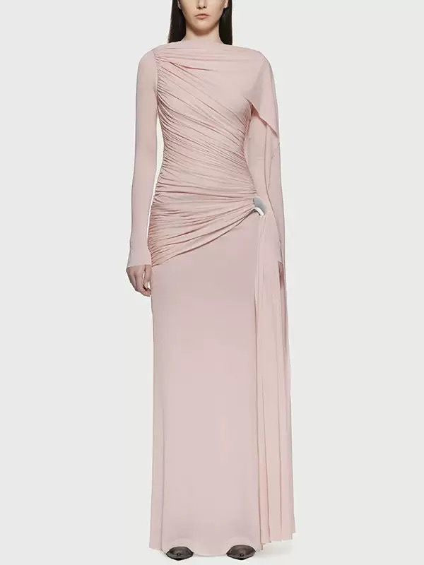 Ethereal Draped Silhouette Maxi Dress with Side Cascade and Gathered Detailing