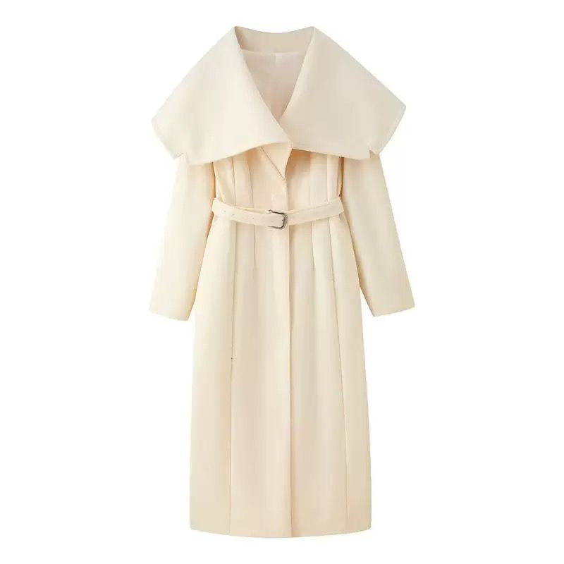 Cream Maxi Trench Coat with Oversized Collar and Belted Waist