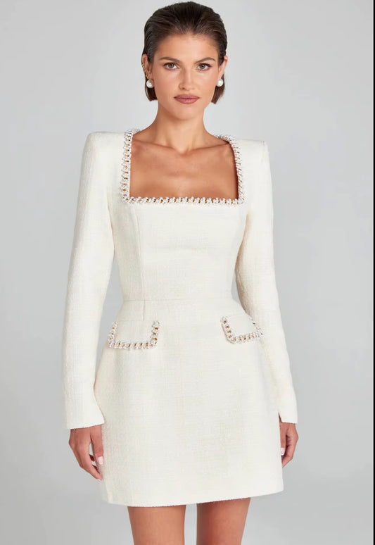 Structured Long-Sleeve Tweed Dress