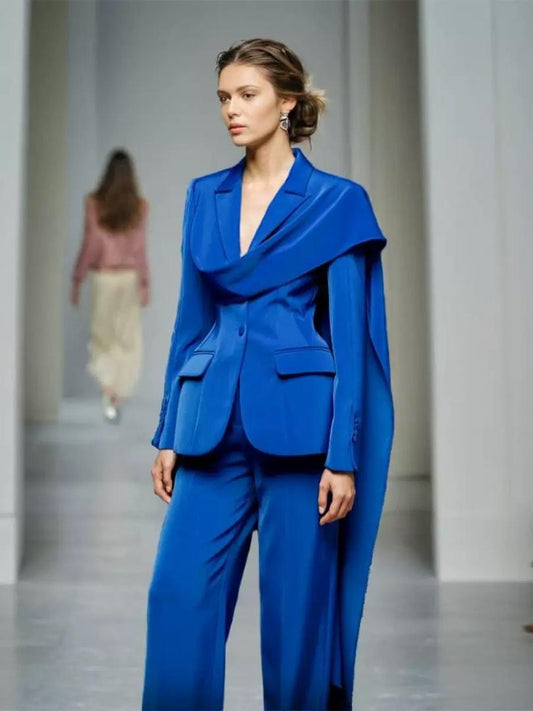 Royal Blue Tailored Blazer with Draped Shoulder Scarf Effect