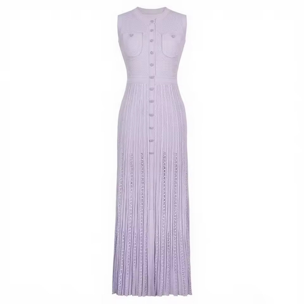 Longline Dress with Intricate Lace Panels and Decorative Buttons