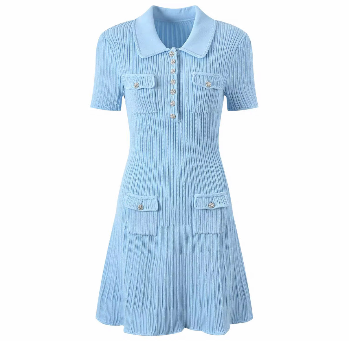 Knit Polo Mini Dress with Pearl Buttons
