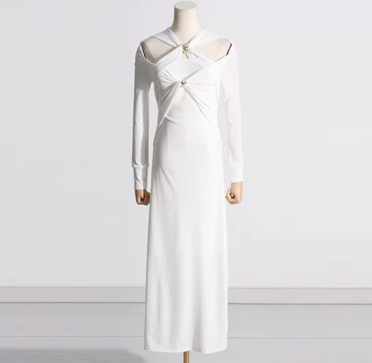 long sleeve dress with front cut-outs & jewel accents