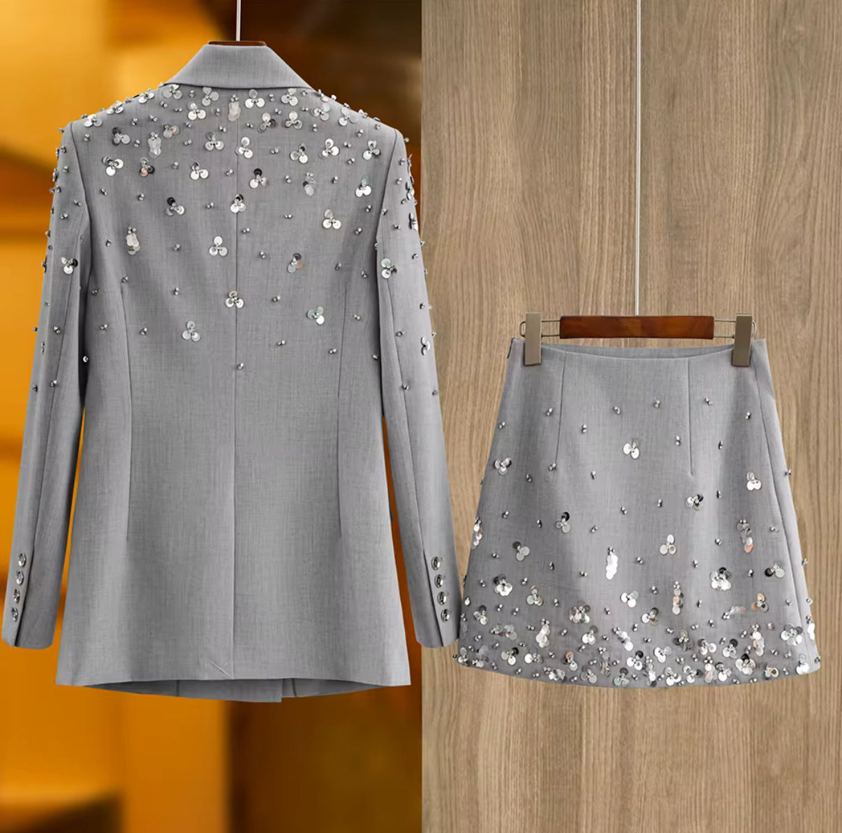 Gray Embellished Blazer & Mini Skirt Set