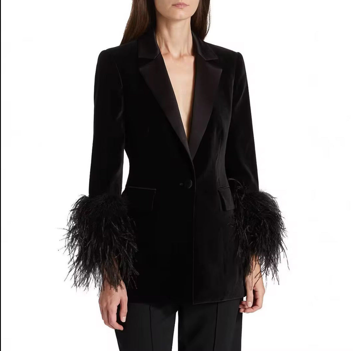 tailored cut blazer with feather-trimmed sleeves