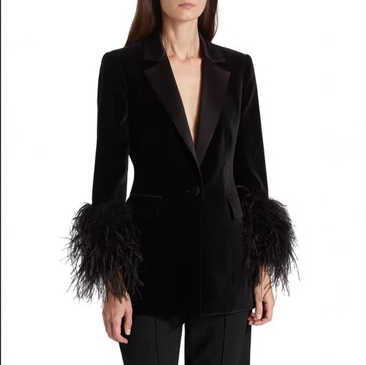 tailored cut blazer with feather-trimmed sleeves