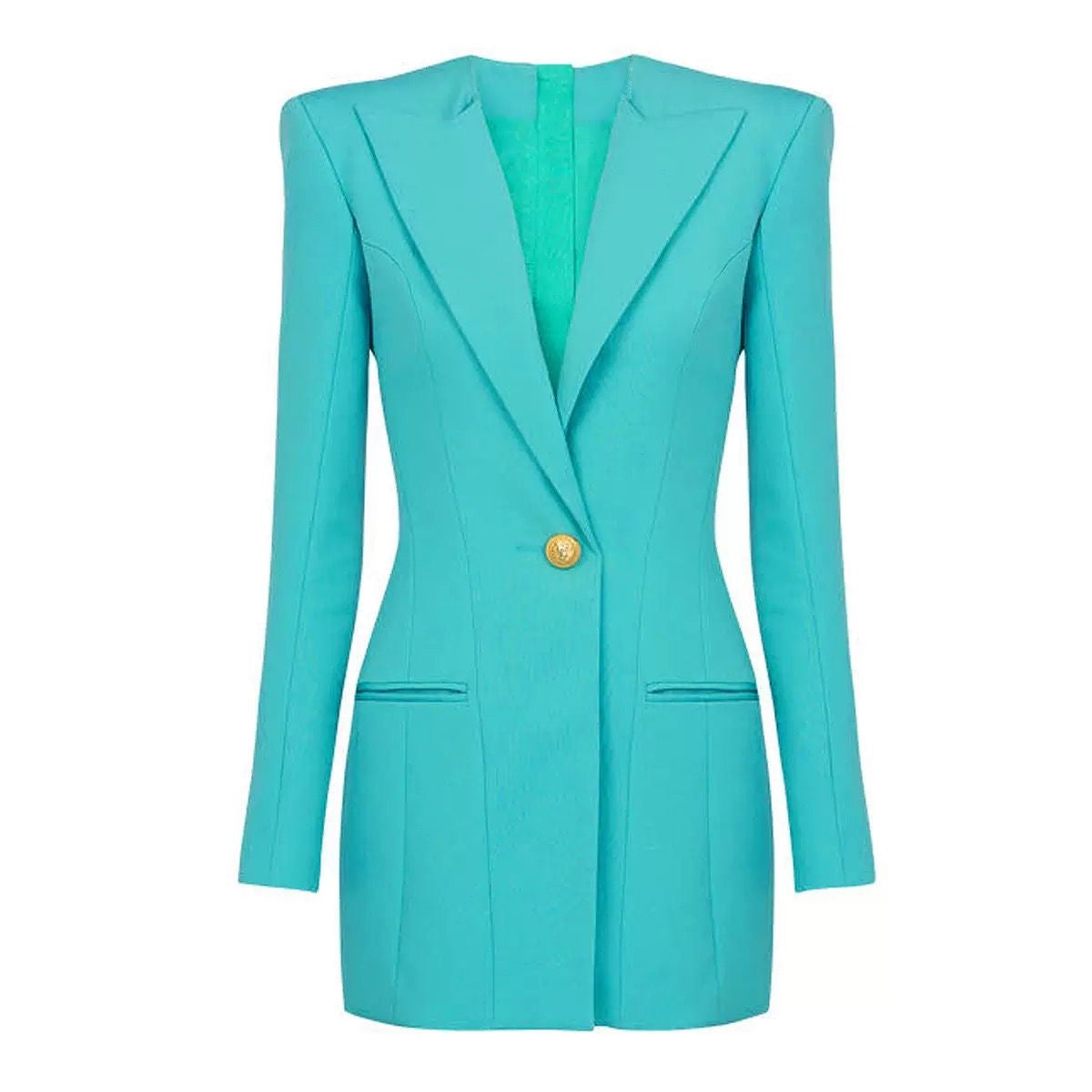 Tailored Blazer Dress with Sharp Shoulders and Single Gold Button