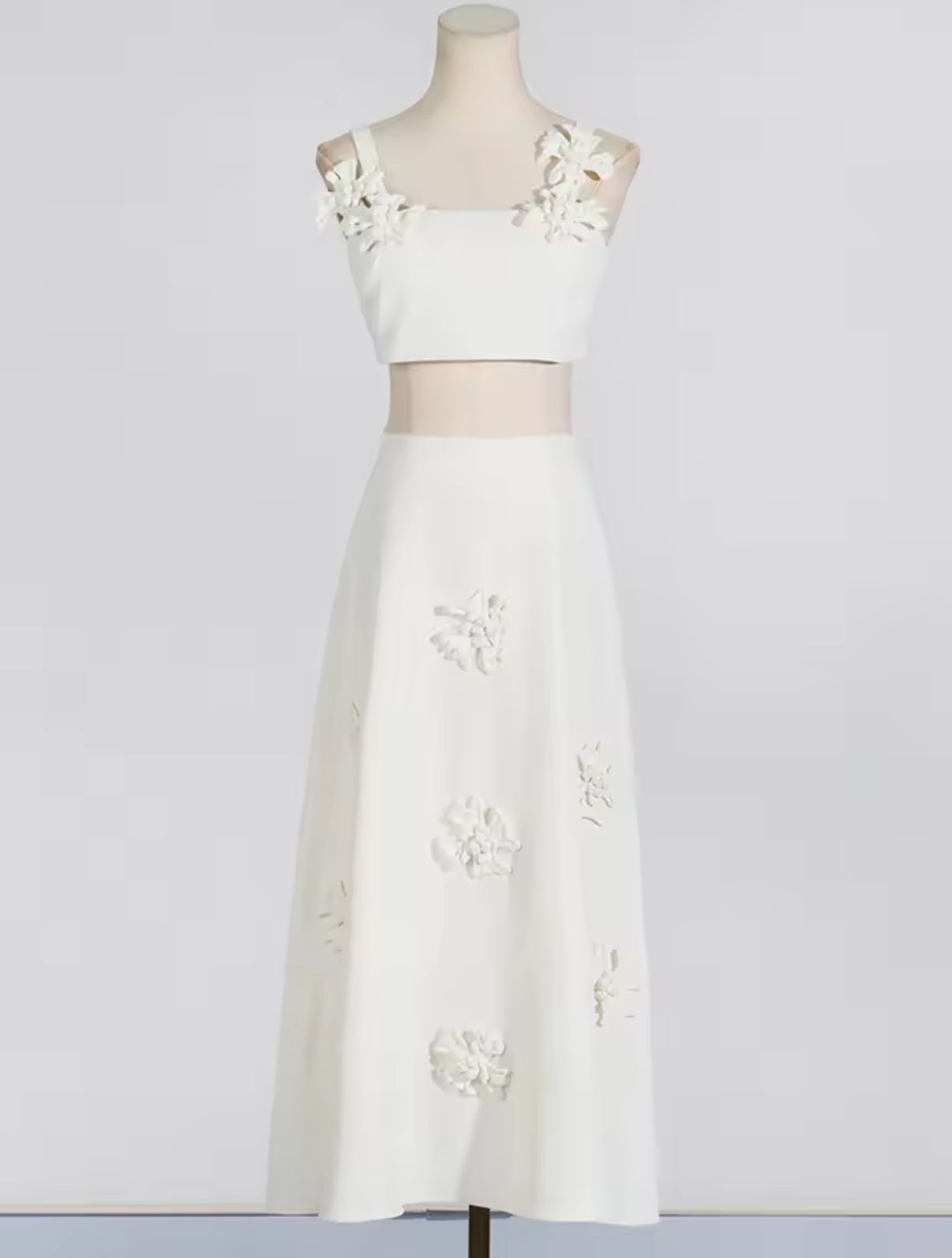 White 3D Floral Crop Top & Maxi Skirt Set