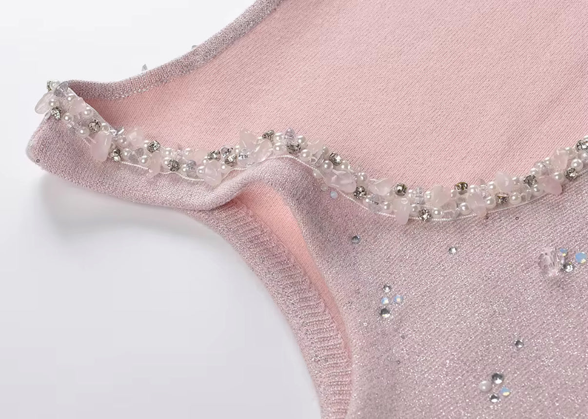 sleeveless knit mini dress with crystal bead details