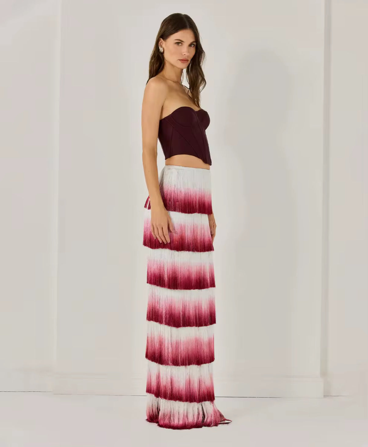 Burgundy Corset Top & Ombre Fringe Maxi Skirt Set