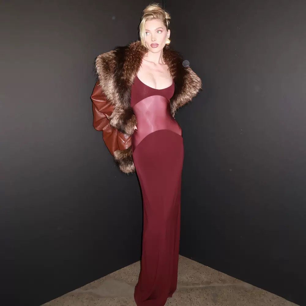 long fitted dress with mesh paneling