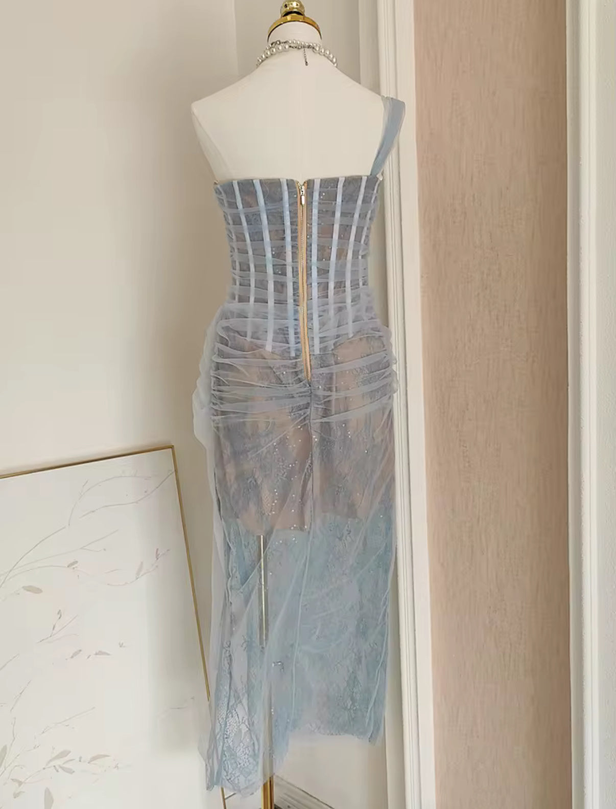 sheer mesh corset dress with draped overlay