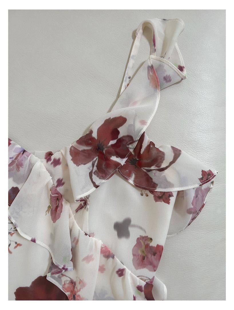 White & Red Floral Ruffle Maxi Dress