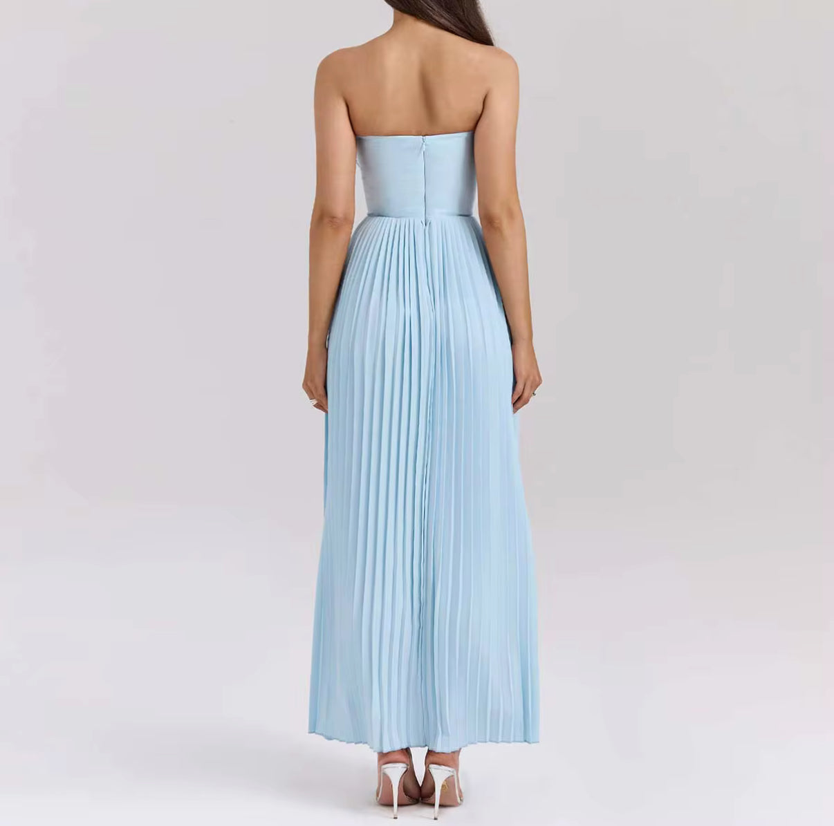 Strapless Baby Blue Pleated Maxi Dress