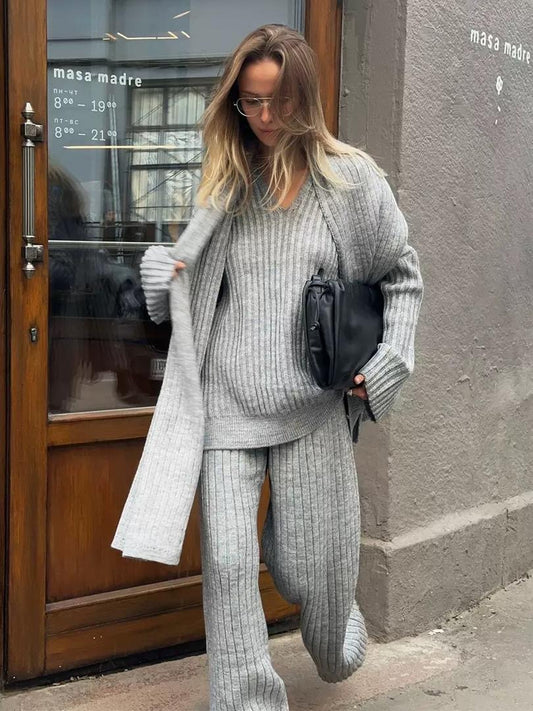 ribbed 3-piece set with top, wide-leg pants & cardigan