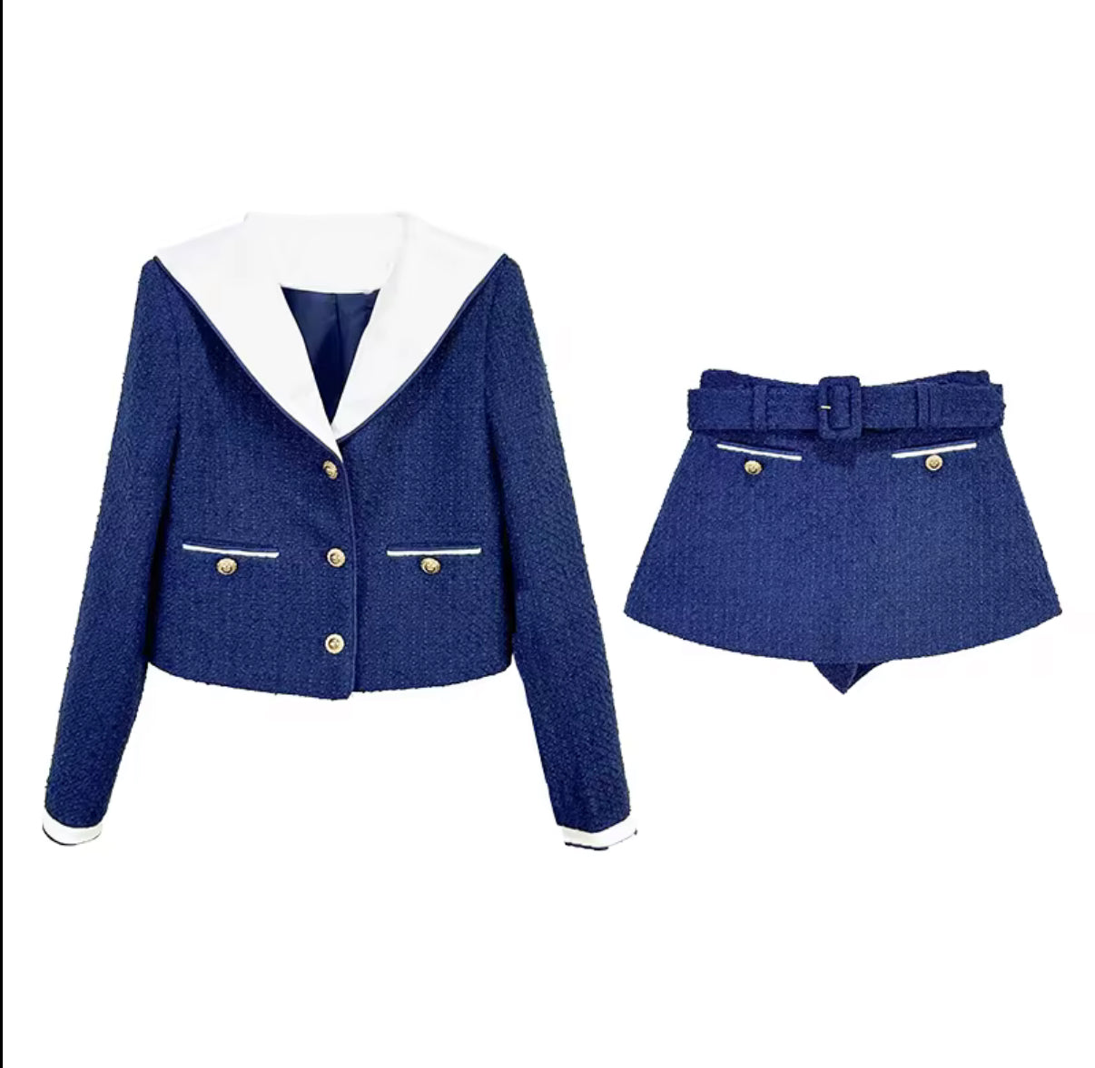 Navy Contrast Collar Tweed Skirt Set