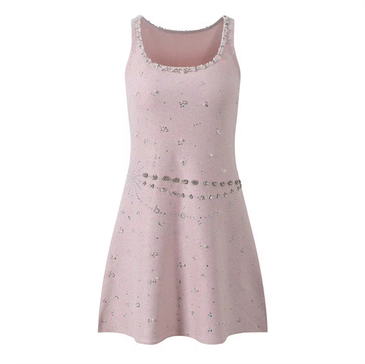 sleeveless knit mini dress with crystal bead details