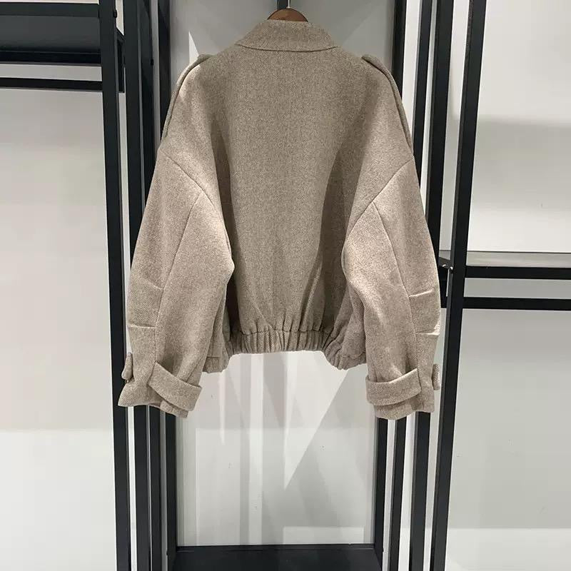 Wool-Blend Military-Inspired Jacket & Mini Skirt Set in Taupe