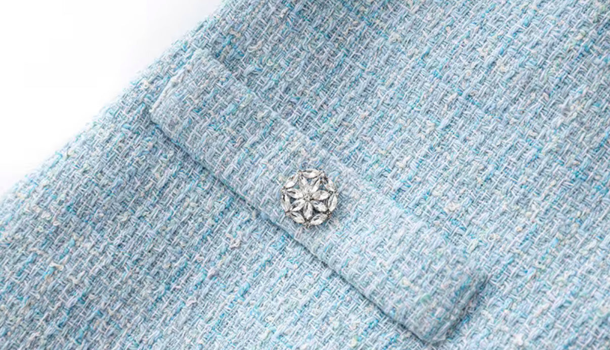 Baby blue tweed mini dress with crystal buttons
