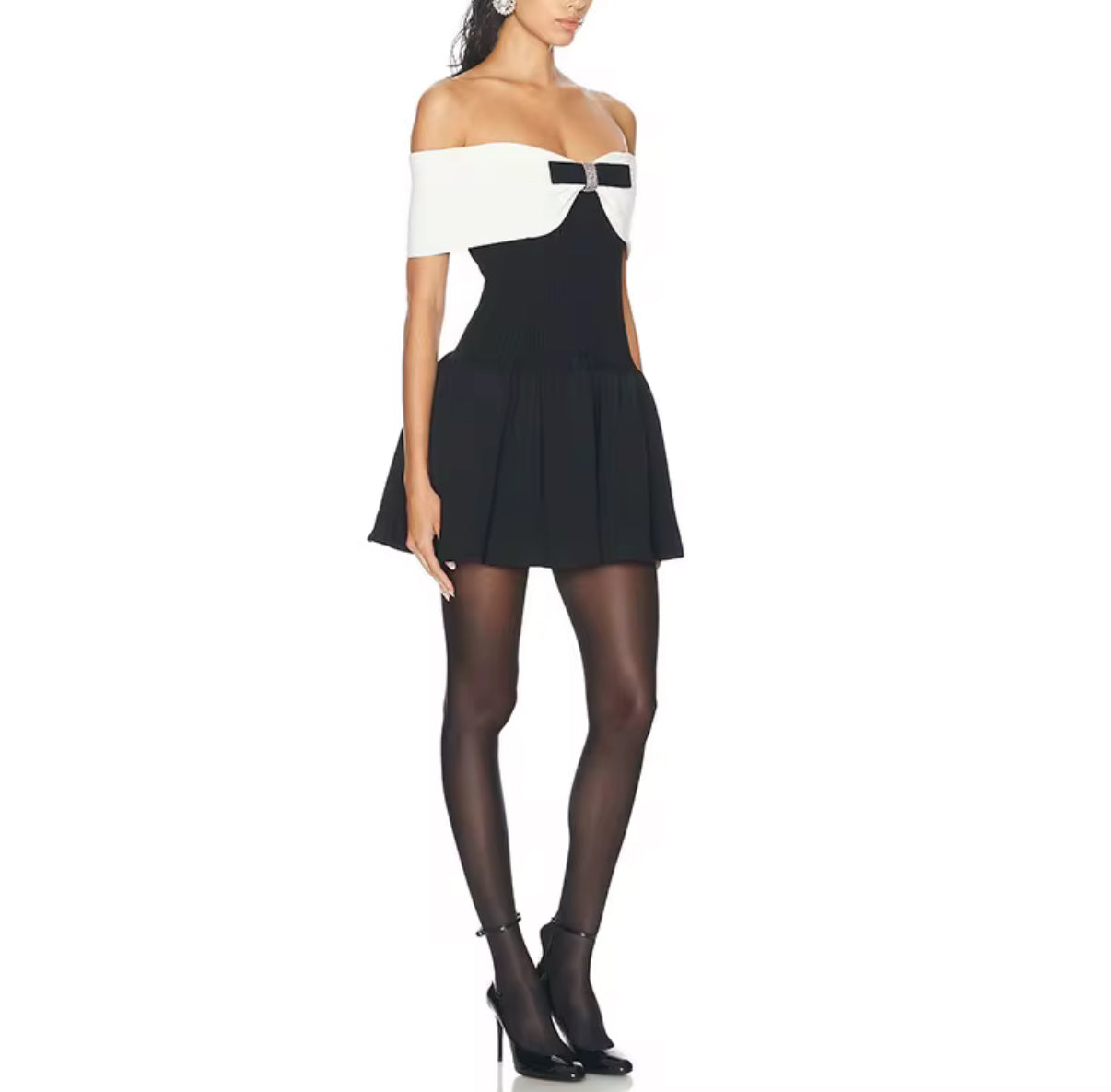 Black & White Off-Shoulder Mini Dress with Bow Detail