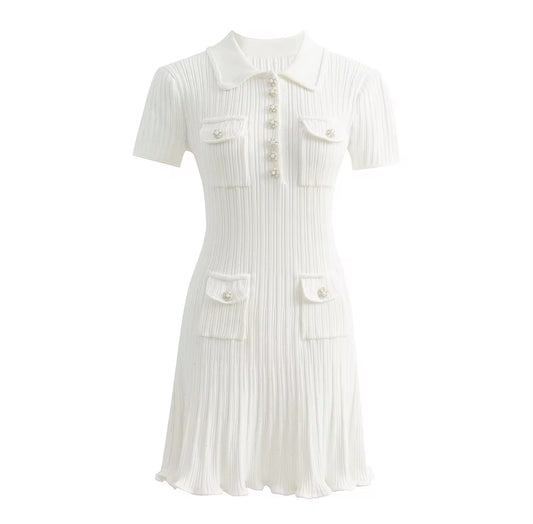 Knit Polo Mini Dress with Pearl Buttons