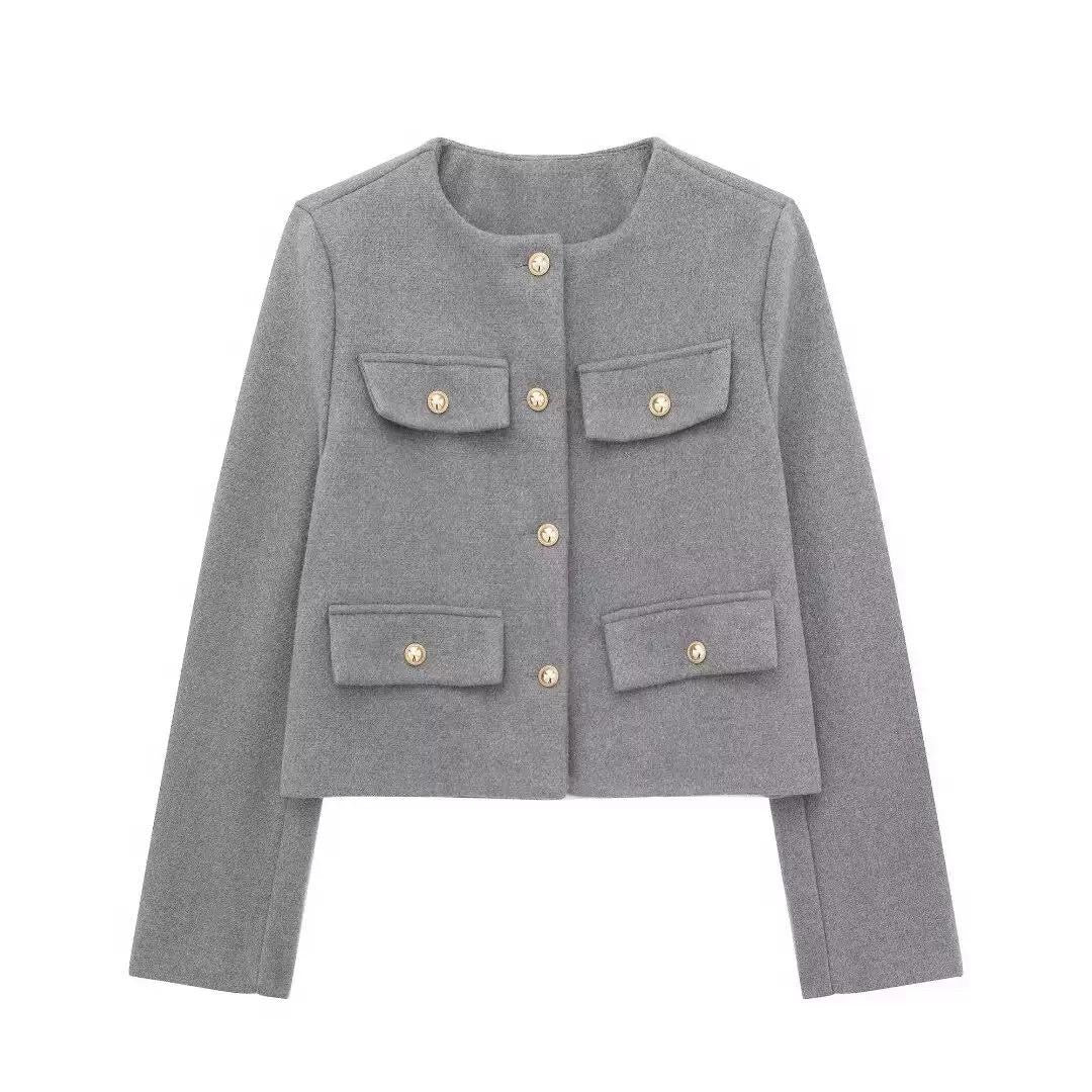 Cropped Tweed-Inspired Jacket with Gold Button Accents