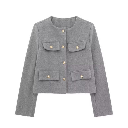 Cropped Tweed-Inspired Jacket with Gold Button Accents